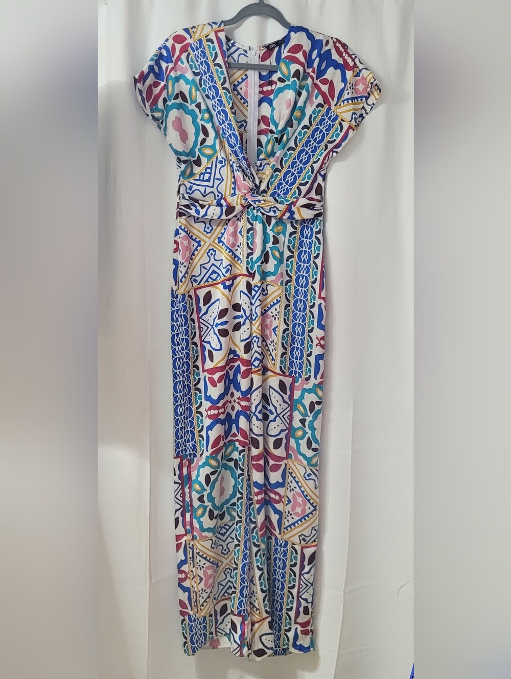 Zara multicolor patchwork print wide leg satin jumpsuit